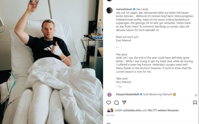 Manuel Neuer meldet sich aus dem Spital bei seinen Fans – er wird Bayern München lange fehlen. Manuel Neuer Bayern München