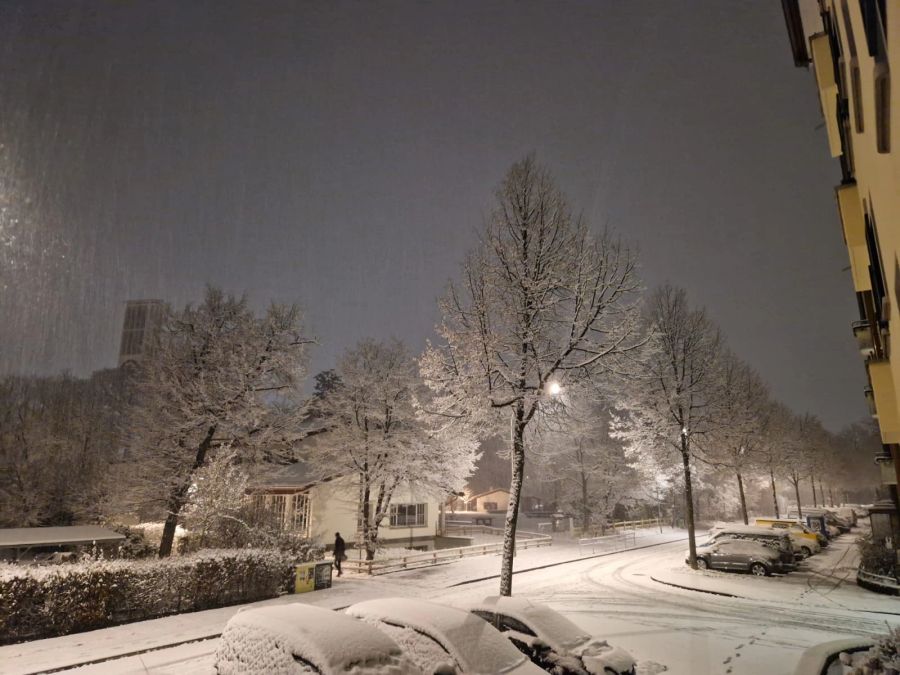 Auch die Autos und Strassen sind von einer Schneedecke überzogen.