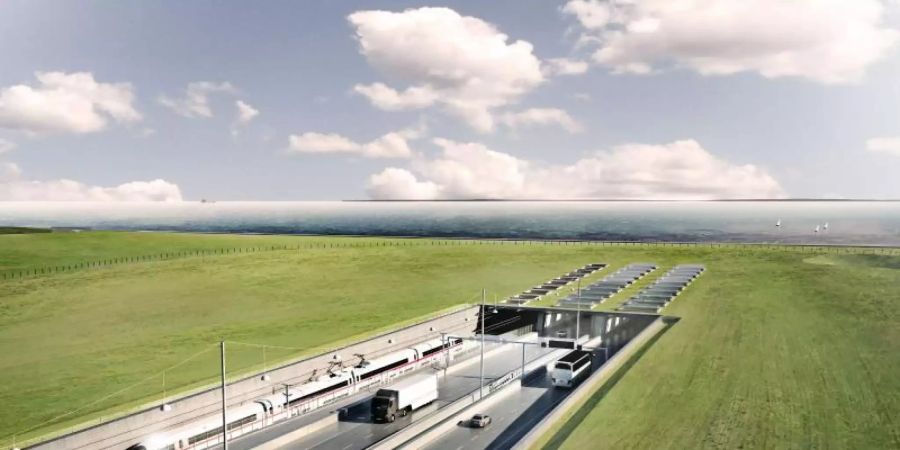 Eine Visualisierung des geplanten Fehmarnbelt-Tunnels zwischen Deutschland und Dänemark mit dem Tunneleingang auf dänischer Seite bei Rodbyhavn. Foto: ICONO A/S/Femern A/S/dpa