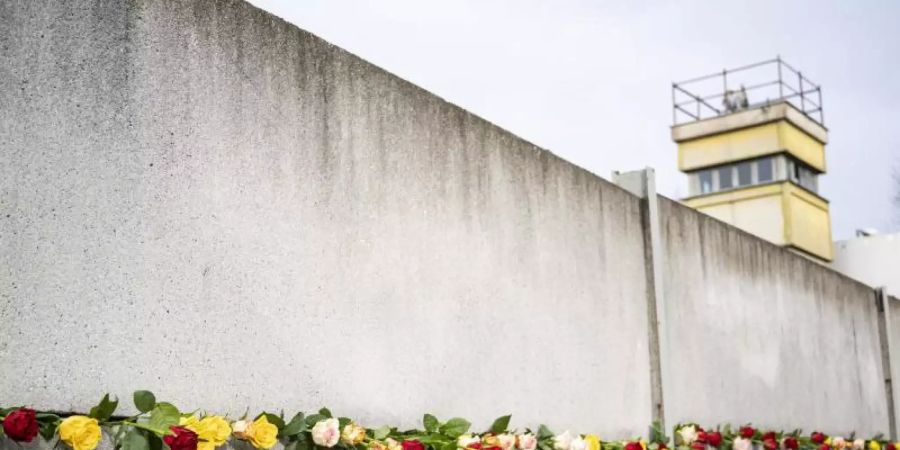 Rosen stecken bei der zentralen Gedenkveranstaltung zum 32. Jahrestag des Mauerfalls in der Gedenkstätte Berliner Mauer in einem Mauerstück. Foto: Fabian Sommer/dpa