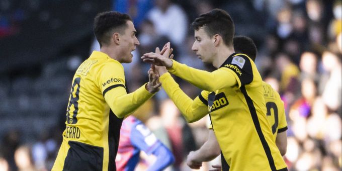 Vincent Sierro (links) und Sandro Lauper jubeln nach dem zwischenzeitlichen 1:1. YB