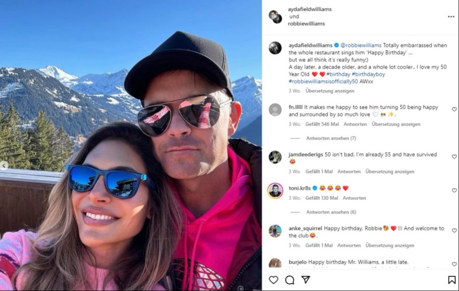 Robbie Williams und seine Frau Ayda geniessen die frische Bergluft.