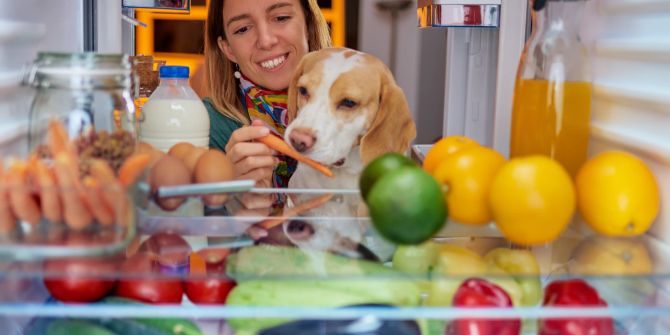 Frau mit Hund vor den Kühlschrank