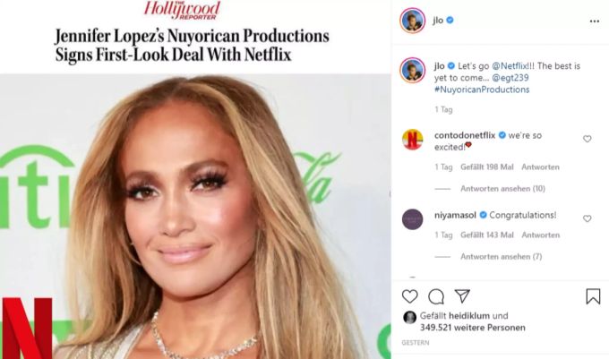 Instagram Post von Jennifer lopez über ihre Zusammenarbeit mit Netflix. Netflix Deal