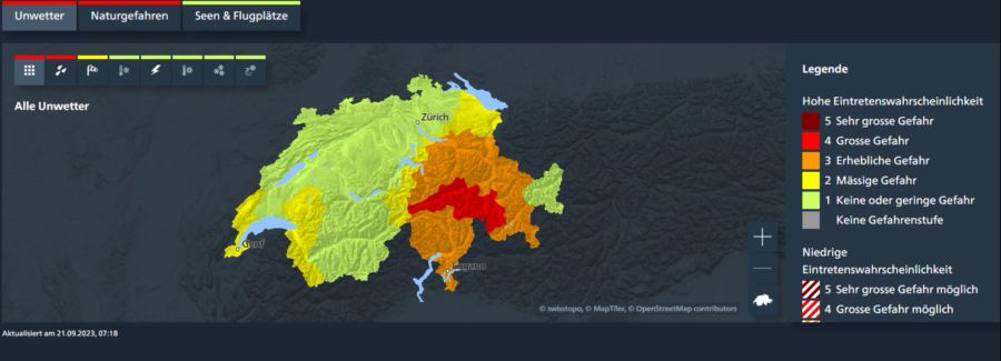 Wegen intensivem Regen herrscht teils Gefahrenstufe 4.