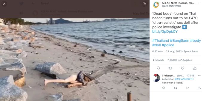 Nein, hier liegt keine tote Frau, sondern eine nicht fachgerecht entsorgte Sex-Puppe. Thailand