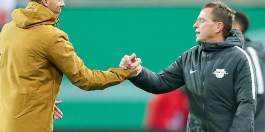 Vorgänger und Nachfolger: RB-Coach Ralf Rangnick (l) und Julian Nagelsmann. Foto: Jan Woitas