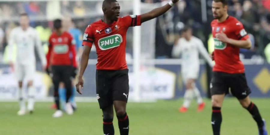 Stade Rennes Hamari Traore jubelt nach dem Anschlusstor zum 1:2. Foto: Thibault Camus/AP