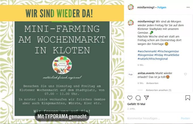 Die Wiedereröffnung des Marktstandes wurde auch auf den sozialen Netzwerken angekündigt. Mini-Farming Kloten