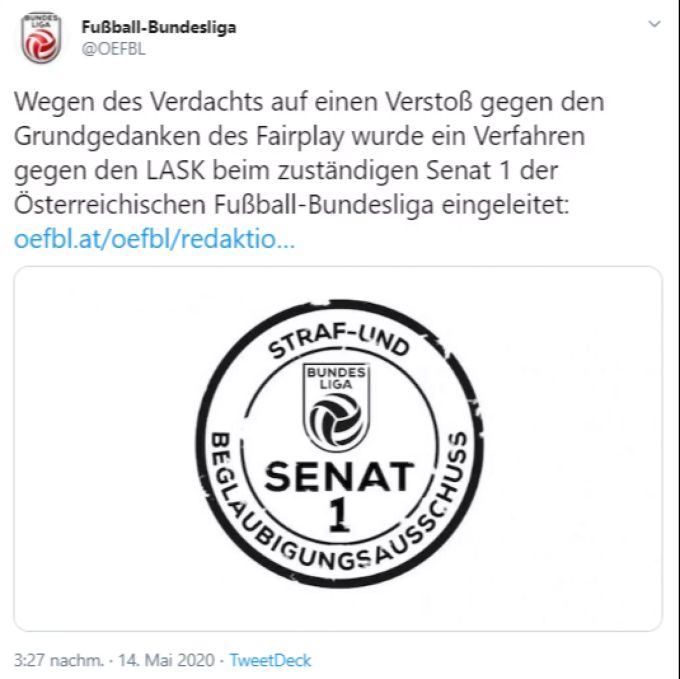 Die Österreichische Bundesliga vermeldet, ein Verfahren gegen des LASK eingeleitet zu haben. Bundesliga LASK