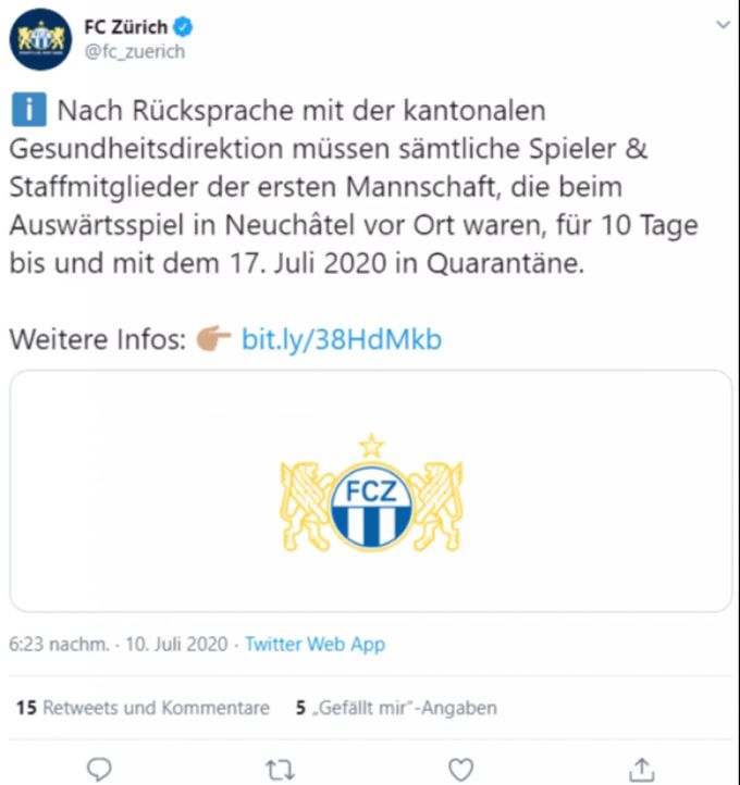 Der FCZ informiert über die zehntägige Quarantäne für sämtliche Spieler und Staffmitglieder. FCZ