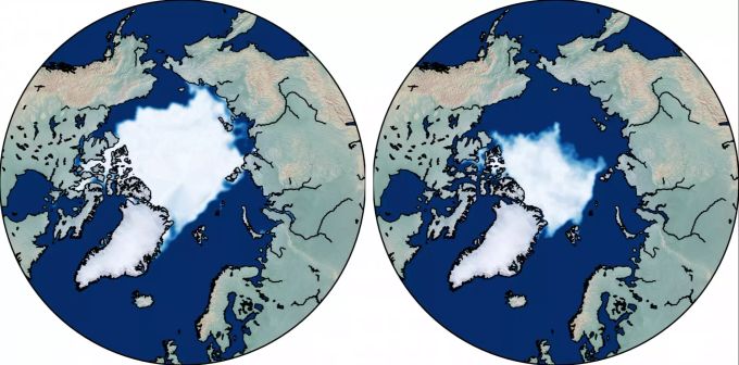 Eine grafische Darstellung zeigt die Meereisfläche in der Arktis zum Ende des arktischen Sommers im September 1979 (l) und ein entsprechendes Bild zeigt die geschrumpfte Meereisfläche in der Arktis im September 2019 (r). Klimaschützer befürchten seit langem das Abschmelzen der Polkappen. Foto: Dirk Notz Meereisfläche in der Arktis