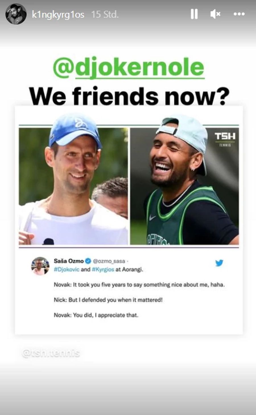 Nick Kyrgios und Novak Djokovic einigen sich vor dem Finalspiel in Wimbledon auf Instagram auf einen Deal.