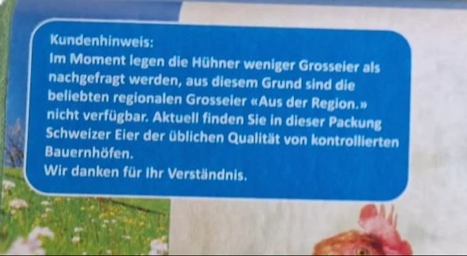Der Hinweis an die Kunden auf der Eierpackung der Migros. Hinweis Migros