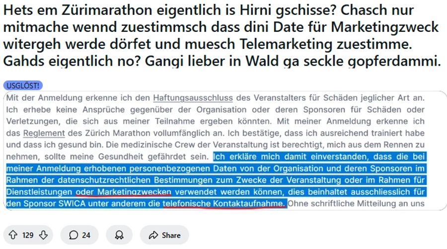 Auf Reddit entfacht eine Diskussion über die Daten-Handhabung beim Zürich Marathon.