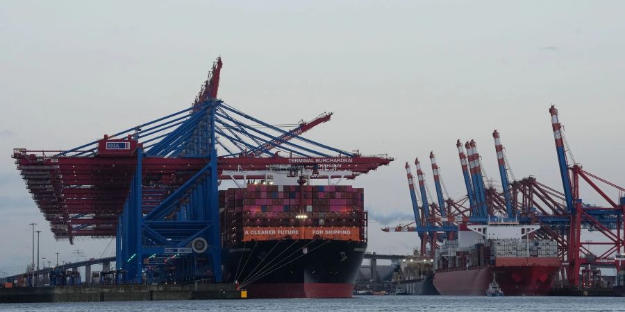 Containerschiffe von Hapag-Lloyd und Maersk liegen im Hamburger Hafen. (Archivbild)