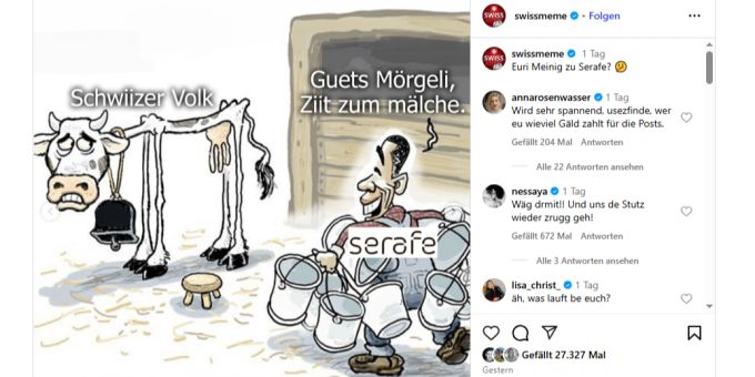 Swissmeme-Admin Zeki hat unter anderem mit diesem Meme erneut Stimmung gegen die Serafe gemacht. Swissmeme Meme Serafe
