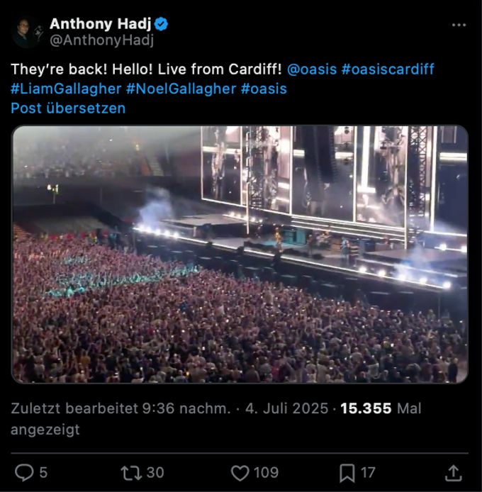Fans berichten auf X vom Start der Oasis-Tour in Cardiff. oasis tour
