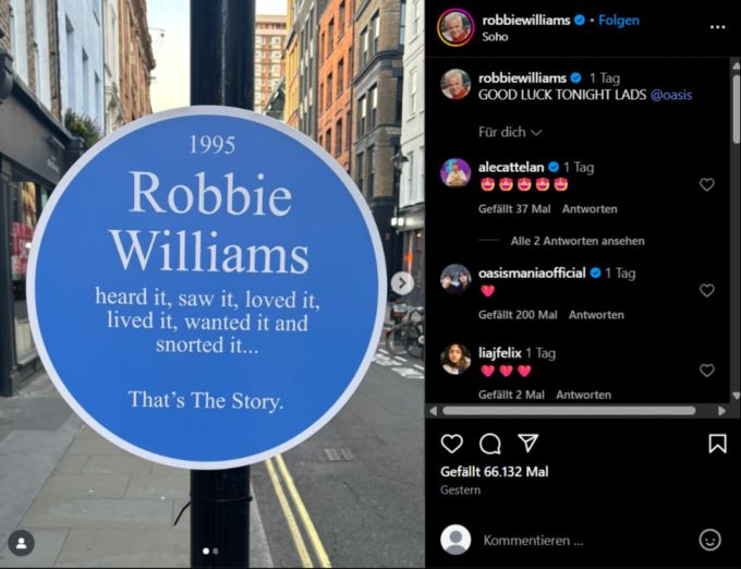 Robbie Williams wünschte Oasis via Instagram viel Glück für ihren Tour-Start. robbie williams oasis