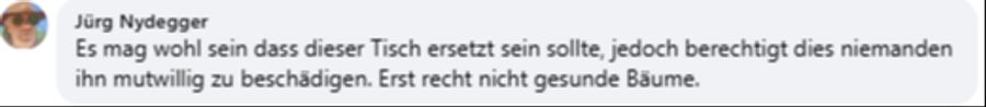 Dieser User meint: «Es mag wohl sein dass dieser Tisch ersetzt sein sollte, jedoch berechtigt dies niemanden ihn mutwillig zu beschädigen. Erst recht nicht gesunde Bäume.»