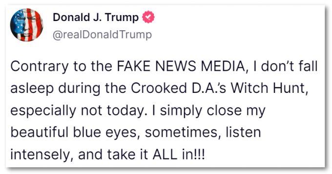 Donald Trump dementiert auf seiner Social-Media-Plattform «Truth Social», jemals vor Gericht geschlafen zu haben. Donald Trump schläft