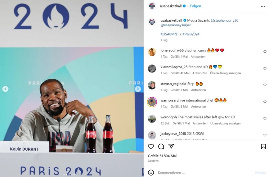 Kevin Durant freut sich an der Kick-off-Pressekonferenz über die Extrawurst bei der Olympiaunterkunft.