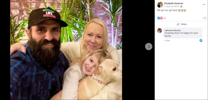 Elizabeth Houman und ihre kleine Familie freuen sich über die Rückkehr von Mishka. hündin verschwunden acht monate