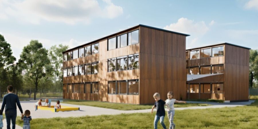 Visualisierung der Modulbauten, wie sie auf dem Areal der Schule Juch in Niederwangen entstehen sollen.