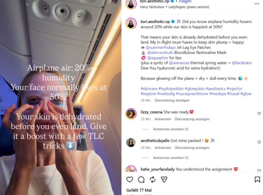 Der Grund für den Trend ist laut Influencern die extrem trockene Luft in der Flugzeugkabine – so erklärt es auch Influencerin Tori.