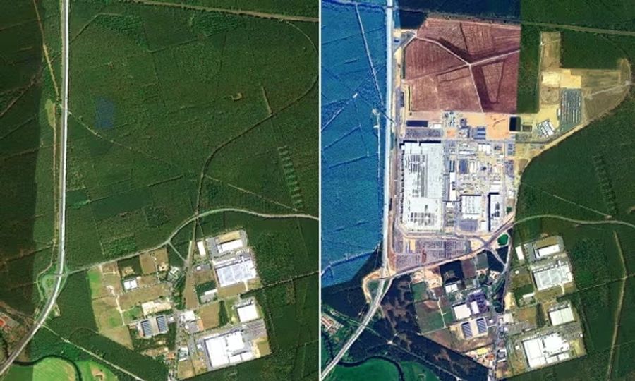 Zwei Satellitenbilder zeigen die verloren gegangene Waldfläche: links die Fläche 2019 – vor dem Bau der Tesla-Fabrik. Das rechte Bild ist aus dem Jahr 2023.