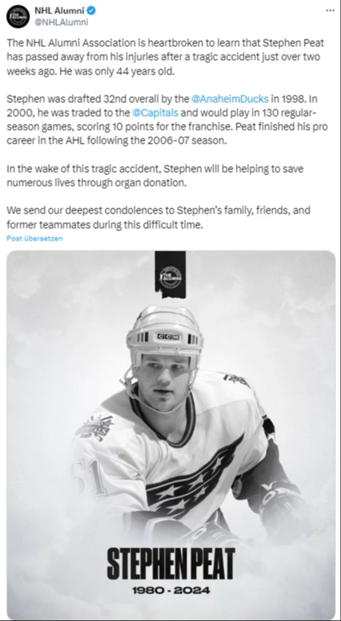 Die NHL Allumni trauern um Stephen Peat. NHL