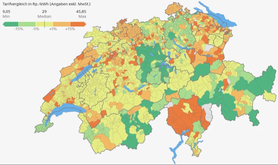 Die Übersicht auf der Website der ElCom, in welchen Gemeinden die Strompreise 2025 wie viel sinken – oder gar erneut steigen.