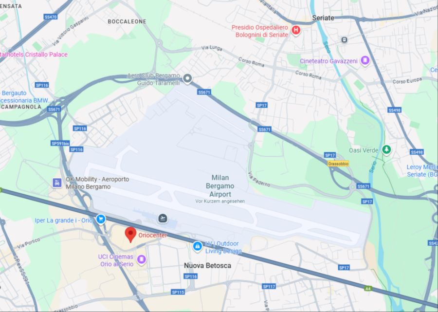 Das Einkaufszentrum befindet sich direkt neben dem Flughafen Bergamo.