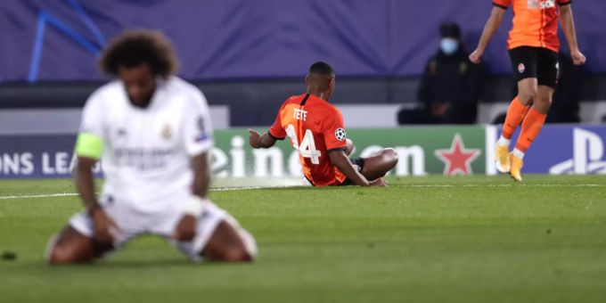 Schachtars Tete jubelt über seinen Treffer zum 1:0 im Spiel gegen Real Madrid. Real Madrid