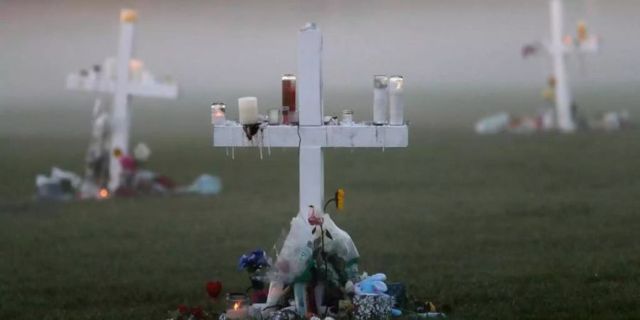 Gedenkkreuze für die Opfer des Parkland-Massakers. Ein 19-Jähriger hatte an einer Schule 14 Jugendliche und drei Erwachsene erschossen. Foto: Gerald Herbert/AP