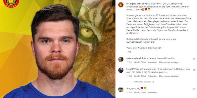 Die SCL Tigers geben die Verpflichtung von Sean Malone auf Instagram bekannt. SCL Tigers