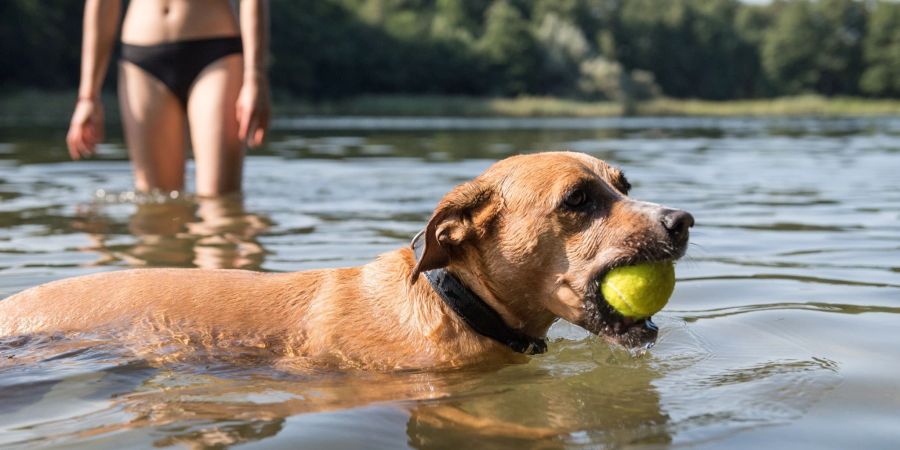 Hund mit Ball im Maul im See