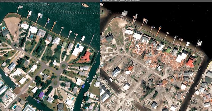 Die Aufnahme zeigt Fort Myers Beach im April und die Zerstörung nach dem Hurrikan «Ian» im September 2022. (Airbus DS 2022/dpa) ian