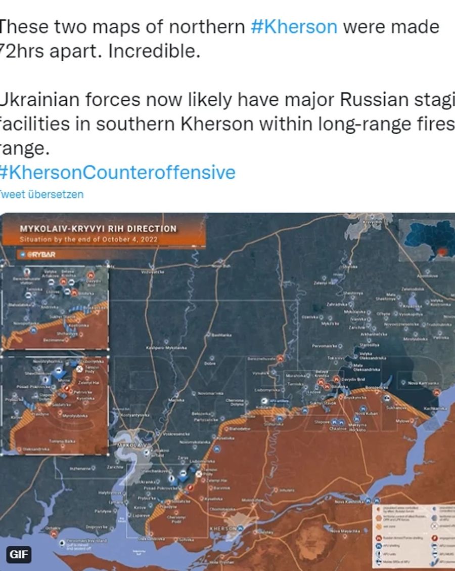 Hier ist das russisch kontrollierte Gebiet am 4. Oktober 2022 zu sehen. Es ist innerhalb von 72 Stunden merklich geschrumpft.