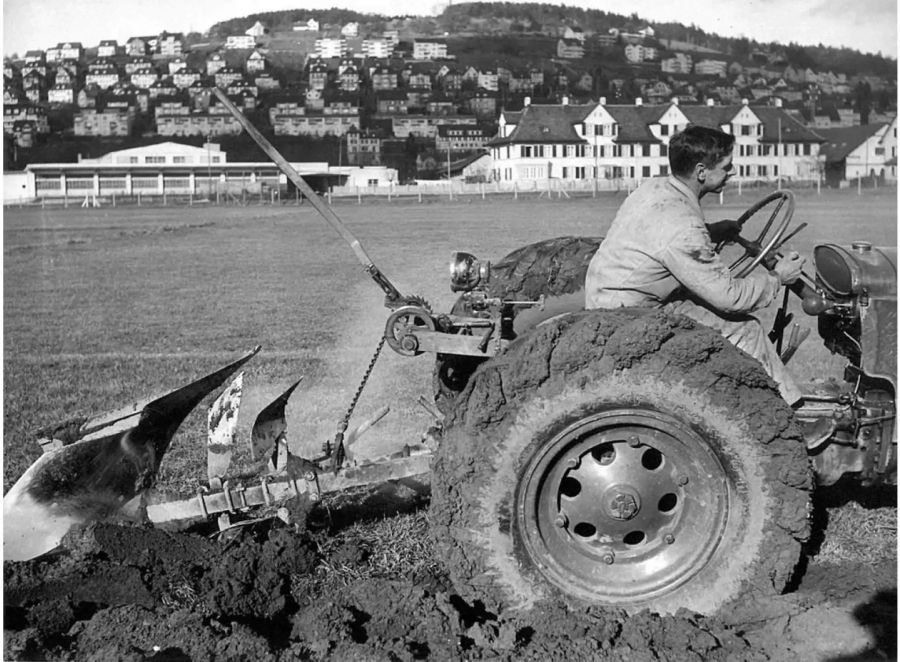 Ein Bauer pflügt 1941 einen Zürcher Sportplatz im Rahmen der «Anbauschlacht».