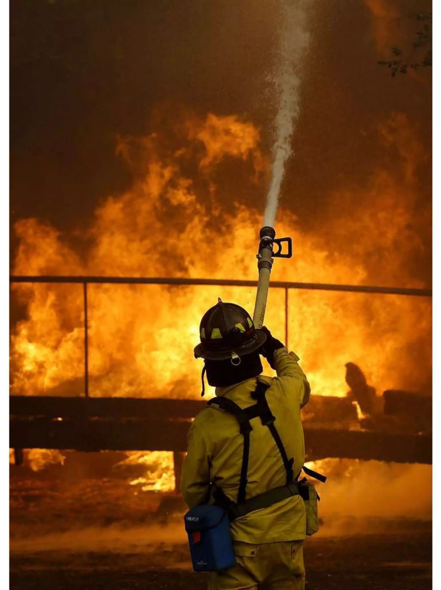 Ein Feuerwehrmann kämpft gegen die Flammen.