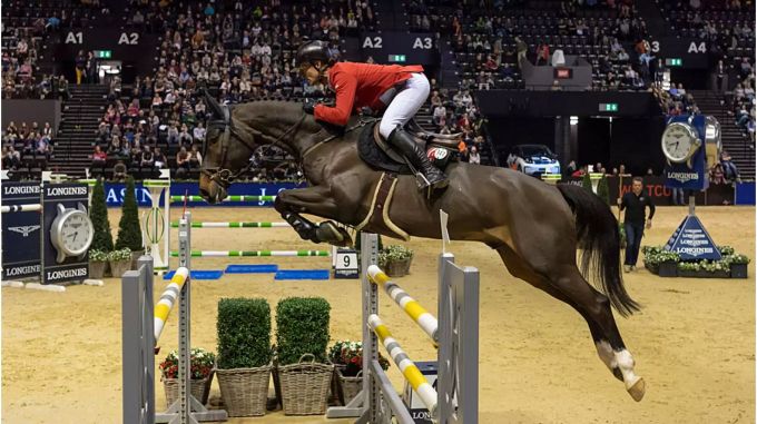 Pius Schwizer springt mit dem Pferd Babu über eine Hürde am Grand Prix des CSI Basel.