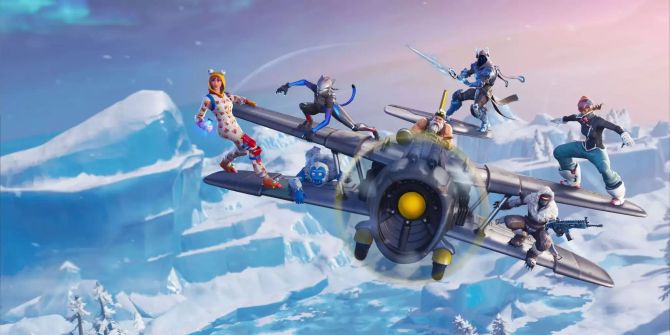 Fortnite: Verschiedene Charaktere auf einem Flugzeug, darunter Schnee.