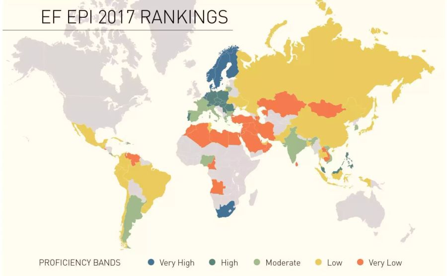 Gute Englischkenntnisse gibt es vor allem in Europa, mit den Niederlanden und Skandinavien an der Spitze.