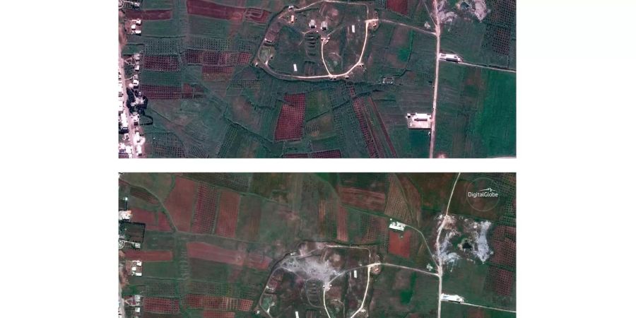 Dieses am 15.04.2018 von DigitalGlobe zur Verfügung gestellte Satellitenbild-Kombo zeigt das Depot für chemische Kampfstoffe in Schien am 13.04.2018 vor dem Militärschlag der westlichen Alliierten (oben) und das Depot für chemische Kampfstoffe in Schien am 14.04.2018 nach dem Militärschlag der westlichen Alliierten (unten).