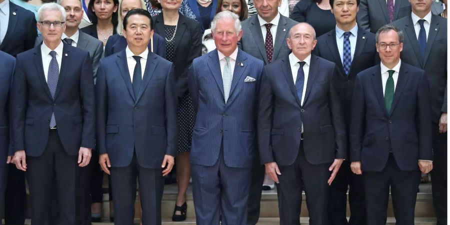 Meng Hongwei (2.v.l.) im Mai mit Interpol-Generalsekretär Jürgen Stock, Prinz Charles und dem französischen Innenminister Gerard Collomb in Lyon.