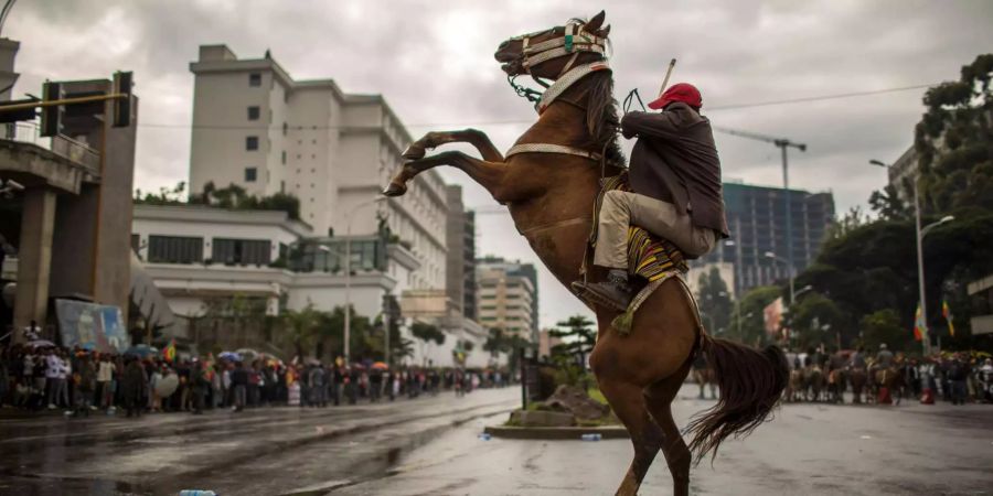 Ein Mann reitet in Addis Abeba ein Pferd während sich mehrere hunderttausend Leute einfinden, um die Anführer der Oromo Liberation Front (OLF) willkommen zu heissen.