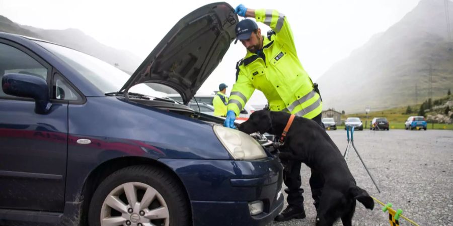 Ein Grenzwächter durchsucht mit seinem Hund ein Auto.