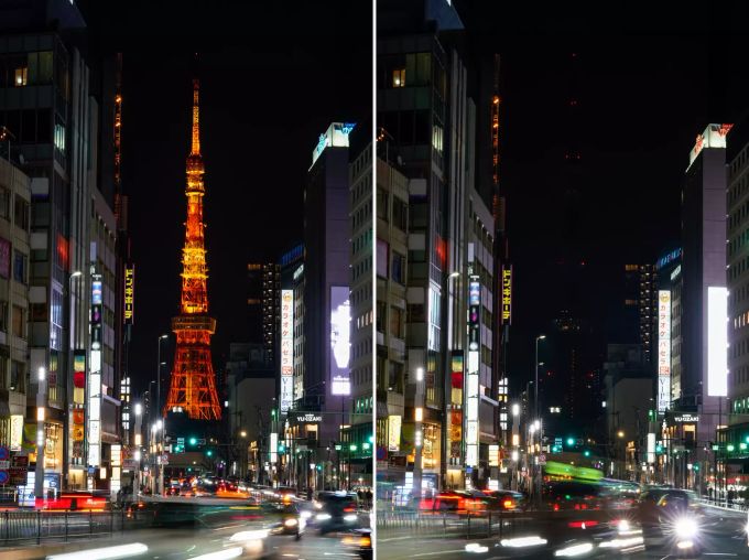 Die Beleuchtung am Tokyo Tower ist vor der Earth Hour eingeschaltet (l) und während der Earth Hour ausgeschaltet (r). "Earth Hour" - Japan