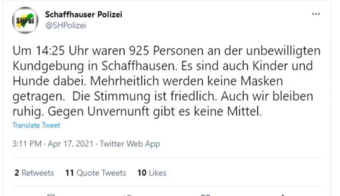 Die Schaffhauser Polizei twitterte zur Demo. Schaffhausen Polizei Demonstration Twitter